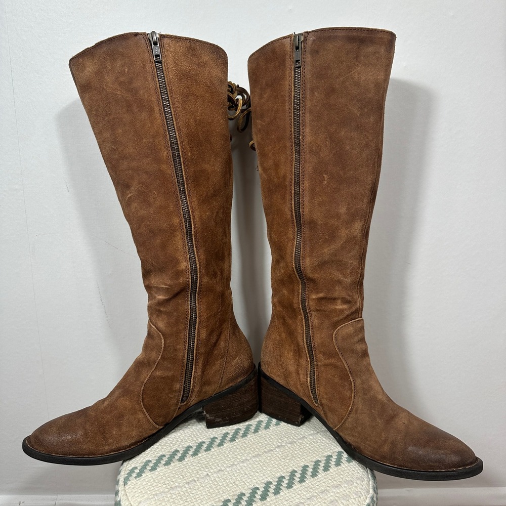 Born Felicia Leather Knee High Boots Brown Distressed Suede Lace Back Women 9.5 - Picture 11 of 16
